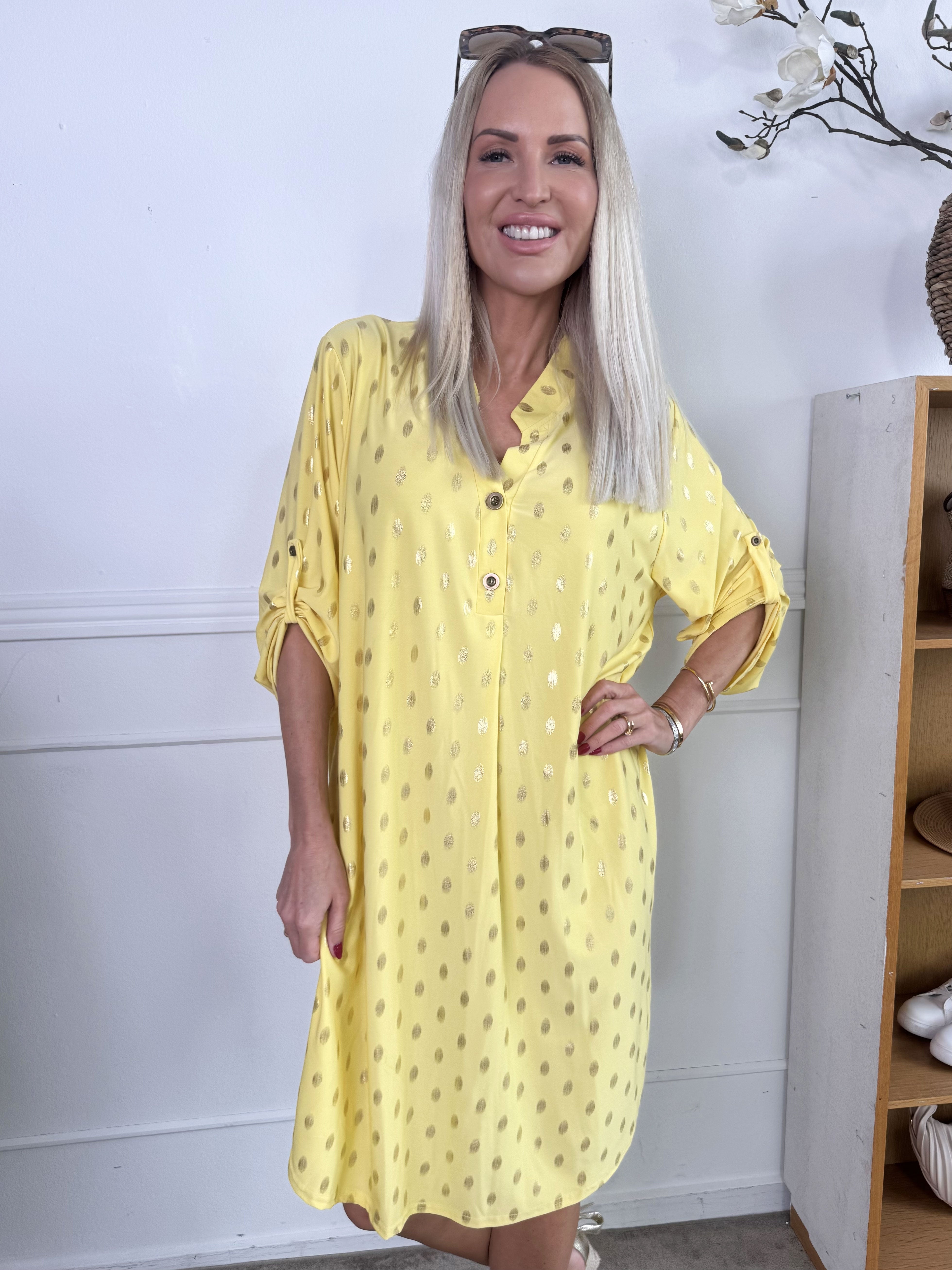 Ebba Gold Long - Elastisk kjole med guld prikker